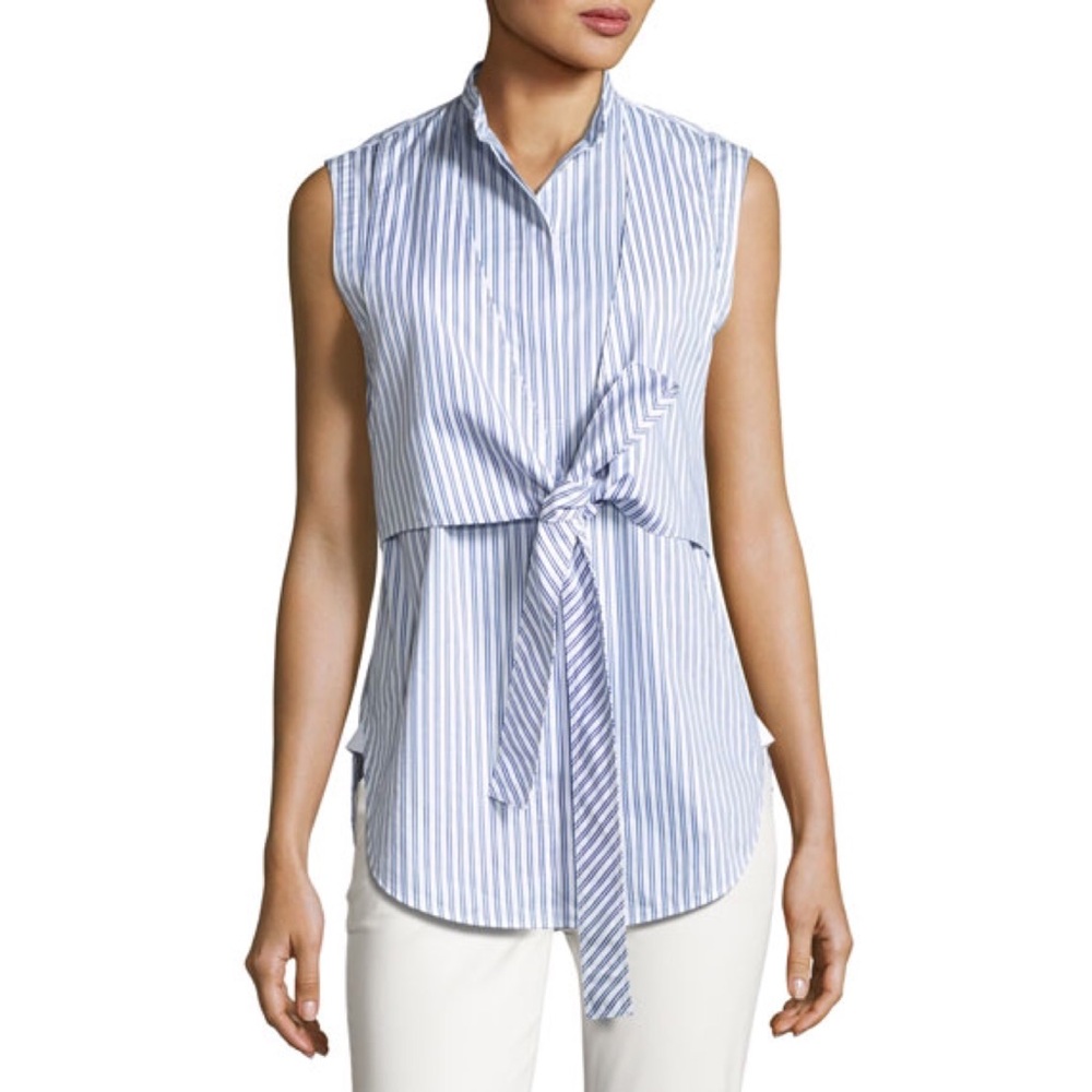 Helmut Lang Blue Striped Sleeveless Tie-Front Cotton Poplin Shirt Size Medium